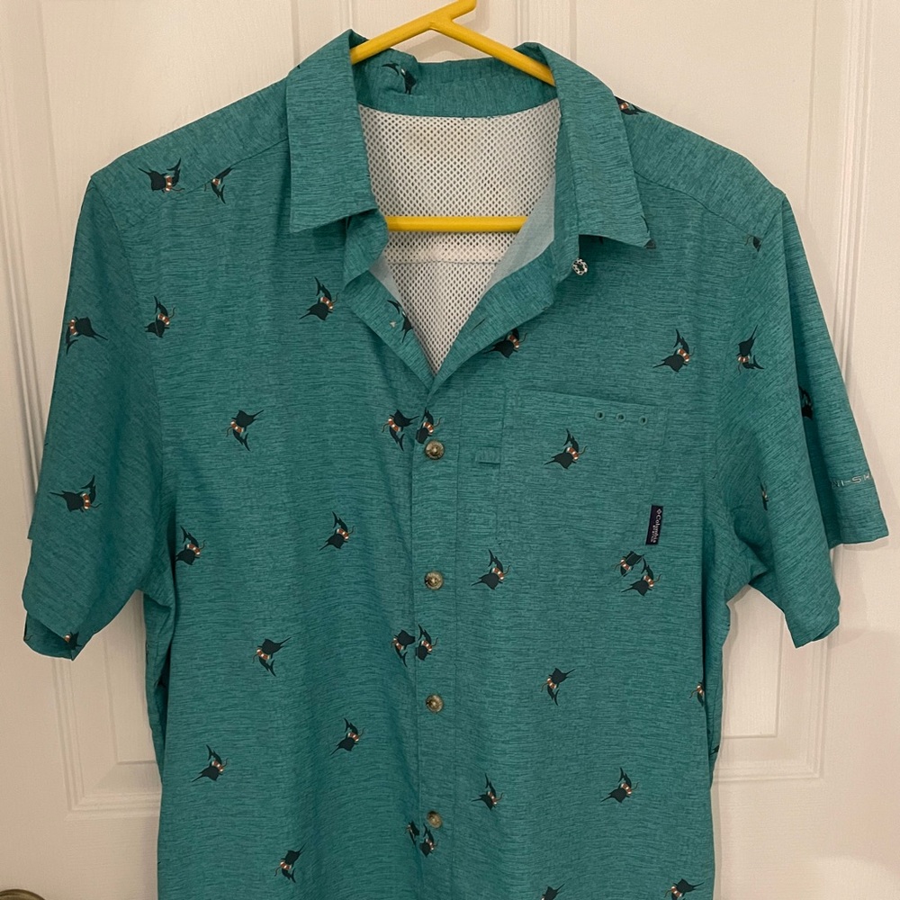 Columbia PFG fishing button down short sleeve shirt marlins teal size small